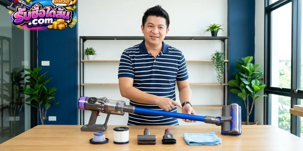 การตรวจเช็กและเตรียมตัวเครื่องดูดฝุ่นถูพื้น Dyson Digital Slim Submarine พร้อมหัวถูเปียกและอุปกรณ์เสริมก่อนส่งประเมินราคา