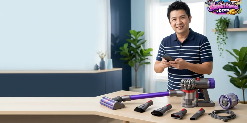 การเตรียมตัวตรวจเช็กอุปกรณ์และตัวเครื่องดูดฝุ่นไร้สาย Dyson V8 Focus Clean ก่อนส่งรูปถ่ายประเมินราคา